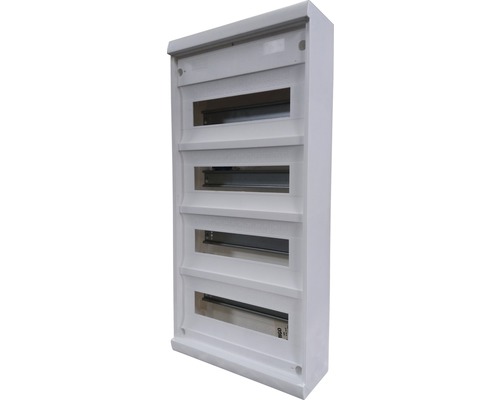 Petit boîtier de distribution A 48A Amigo ABN pose en saillie à 4 rangées 4x 12 (+2) 48 TE IP30 blanc sans porte lxhxp 300x620x106 mm