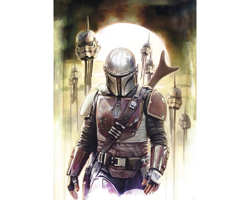 Papier peint panoramique intissé DX4-085 Mandalorian Big Impal 4 pces 200 x 280 cm Scène avec le Mandalorien au premier plan, avec un fond de casques embrochés