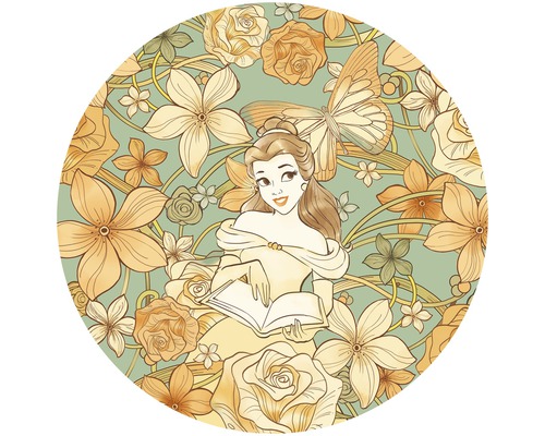 Papier peint non tissé autocollant DD1-002 Dot Belle Spirit of Autumn Ø 125 cm Illustration de Belle avec un livre, entourée de fleurs et d''un papillon