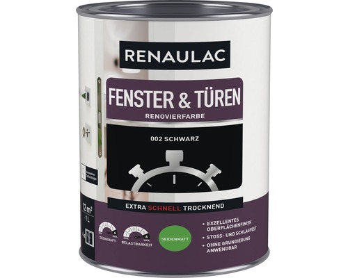 Laque pour porte et fenêtre RENAULAC mat satiné noir 1 L Boîte de peinture Renaulac pour fenêtres et portes, peinture de rénovation noire