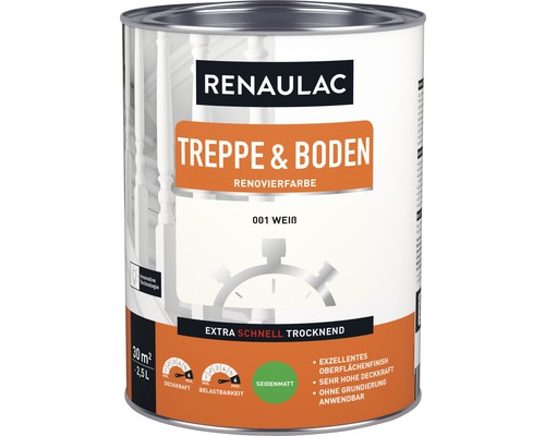 RENAULAC Holzlack für Treppe & Boden seidenmatt weiß 2,5 L Renaulac Treppen und Boden Renovierfarbe, weiss, 2,5 Liter Dose