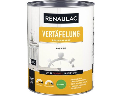 Laque pour bois RENAULAC boiserie mat satiné blanc 2,5 L Renaulac Vertäfelung Renovierfarbe 001 Blanc pot de peinture