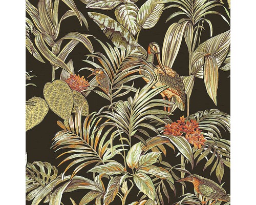 Vliestapete DE120015 Wall Stitch Palmen & Vögel schwarz orange Tapete mit Dschungelmotiv mit Pflanzen und Vögeln