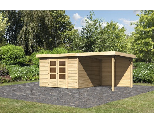 Abri de jardin Karibu Kodiak 6 avec extension 2,4 m, paroi arrière 523 x 298 cm naturel