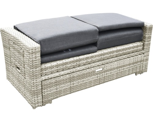 Banc de jardin en rotin avec coussins gris et espace de rangement