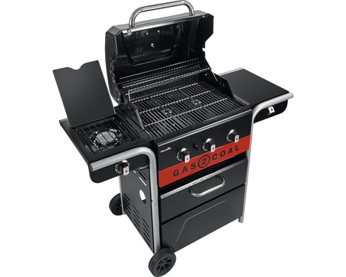 Kombigrill für Gas und Holzkohle mit Seitenkochfeld und Ablageflächen