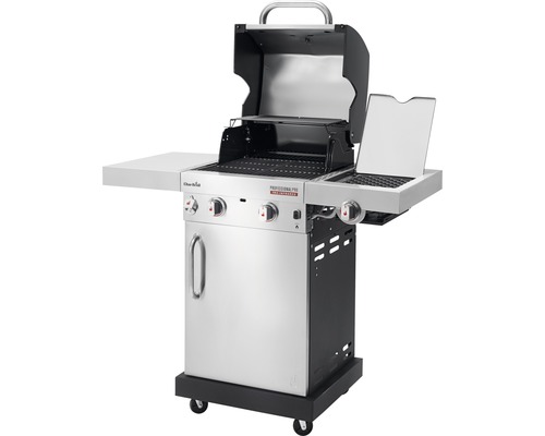 Barbecue à gaz Char-Broil avec deux étagères latérales et couvercle ouvert