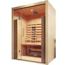 Sauna en bois avec façade en verre et bancs