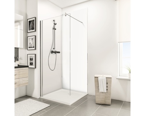 Panneau mural de douche SCHULTE ExpressPlus DecoDesign comme set d'angle blanc 1 pce 120 x 210 cm et 1 pce 90 x 210 cm avec profilés