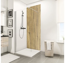 Begehbare Dusche mit Duschrinne, Armatur und Holzelement in Badezimmer