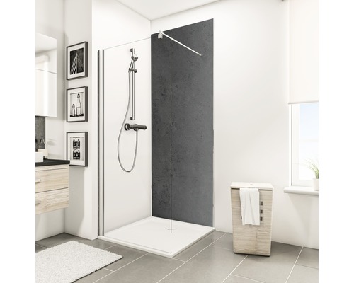 Salle de bain moderne avec cabine de douche, receveur de douche, robinetterie et lavabo