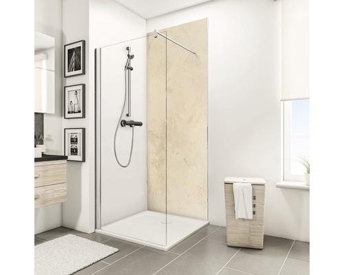 Salle de bain avec cabine de douche, robinetterie de douche et panier à linge