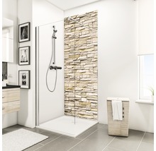 Salle de bains avec cabine de douche, receveur de douche et panneau mural en pierre