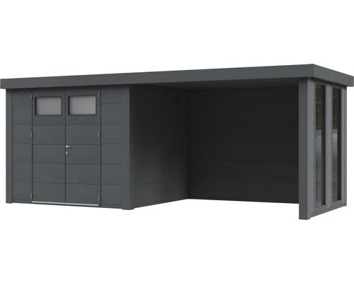 Modernes Gartenhaus mit Doppeltür, Fenstern und überdachtem Bereich für Gartengeräte und mehr