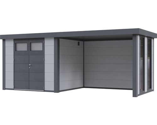 Abri de jardin avec double porte, fenêtres et auvent