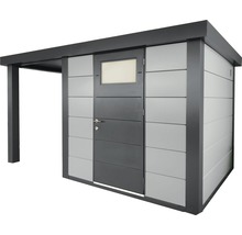Gartenhaus Classico 2424 inkl. Regenrinne mit Seitendach links 426 x 259 cm lichtgrau
