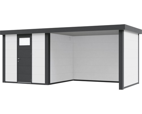 Abri de jardin moderne avec porte et extension ouverte