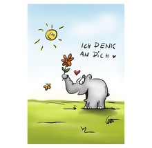 Cartoon-Darstellung eines Elefanten mit Blume und dem Schriftzug Ich denk an Dich