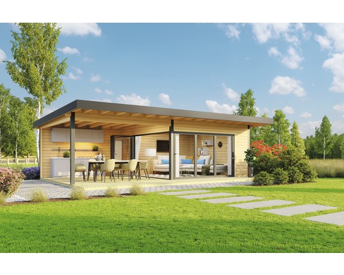 Gartenhaus Domeo 10 inkl. Fußboden, Terrasse 890 x 590 cm natur Modernes Gartenhaus mit Terrasse, Gartenmöbeln und Aussenküche in einem Garten.