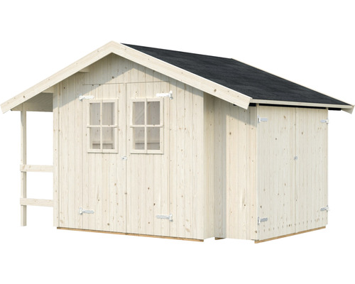 Holzgartenhaus mit zwei Fenstern und Vordach