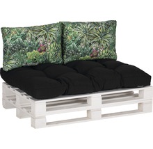 Canapé en palettes avec coussin d''assise noir et coussins à motifs végétaux