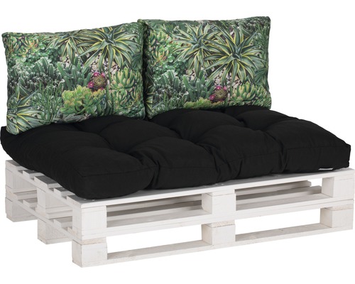 Canapé en palettes avec coussin d''assise noir et coussins à motifs végétaux