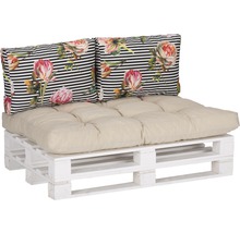 Palettensofa mit Sitzkissen und zwei Dekokissen