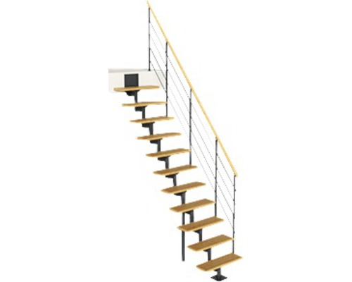 Escalier à limon central Pertura Hera anthracite 73,5 cm garde-corps à barres horizontales hêtre bois lamellé-collé vernis 11 marches 12 pas de marche