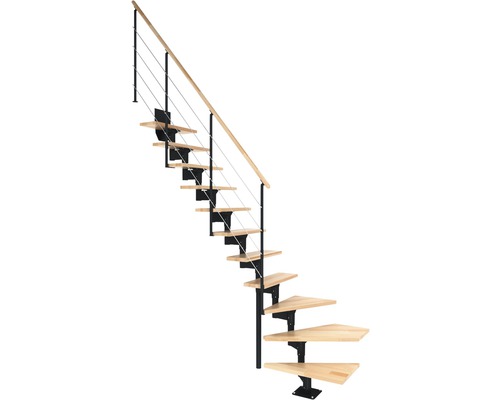 Escalier à limon central Pertura Hera anthracite 73,5 cm garde-corps à barres horizontales hêtre bois lamellé-collé vernis 11 marches 12 pas de marche