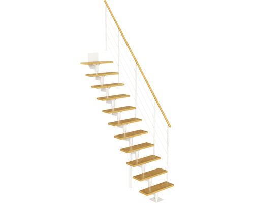 Escalier à limon central Pertura Hera blanc 73,5 cm garde-corps à barres horizontales hêtre bois lamellé-collé vernis 11 marches 12 pas de marche