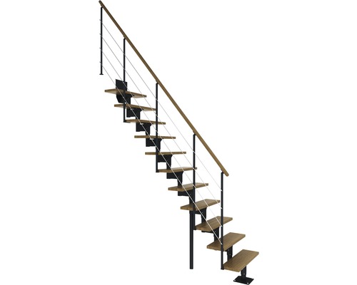 Escalier à limon central Pertura Hera anthracite 73,5 cm garde-corps à barres horizontales chêne bois lamellé-collé vernis 11 marches 12 pas de marche