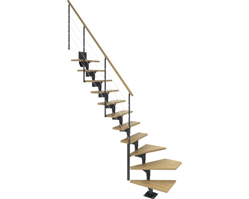 Escalier à limon central Pertura Hera anthracite 73,5 cm garde-corps à barres horizontales chêne bois lamellé-collé vernis 11 marches 12 pas de marche