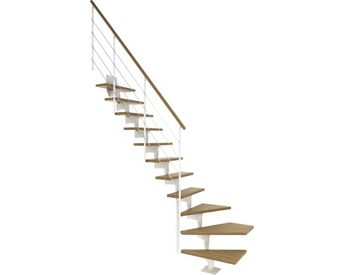 Escalier à limon central Pertura Hera blanc 73,5 cm garde-corps à barres horizontales chêne bois lamellé-collé vernis 11 marches 12 pas de marche