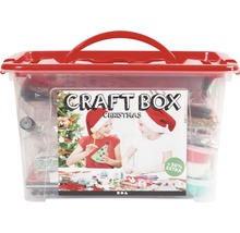 Boîte de bricolage Noël avec matériel de bricolage dans une boîte transparente avec couvercle et poignée rouges