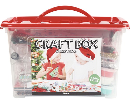 Boîte de bricolage Noël avec matériel de bricolage dans une boîte transparente avec couvercle et poignée rouges