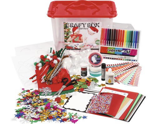 Boîte de bricolage avec différents matériaux pour Noël.