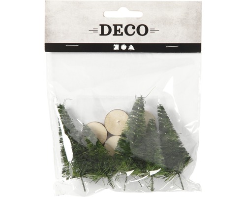 Dekorationsset mit Tannenbäumen und Holzscheiben in Verpackung