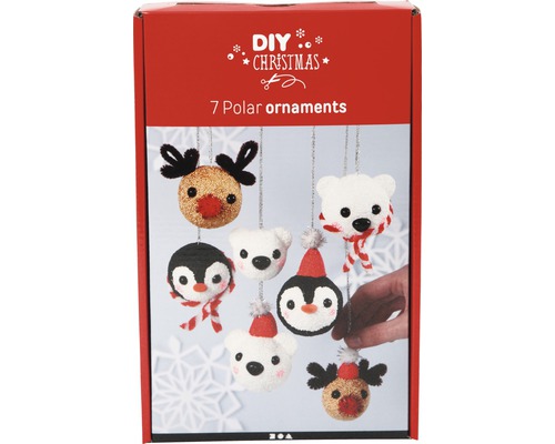 Emballage de sept décorations polaires à bricoler pour Noël.