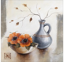 Gemälde mit Blumen in Schale und Vase mit Zweigen