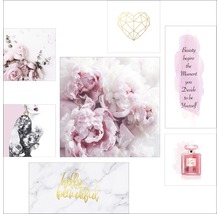 Collage mit verschiedenen Bildern: Blumen, Herz, Frau, Parfüm und Schriftzug