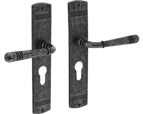 Poignée sur plaque longue Intersteel Helena cylindre profilé 72 mm vieux gris Paire de poignées de porte avec rosette de clé