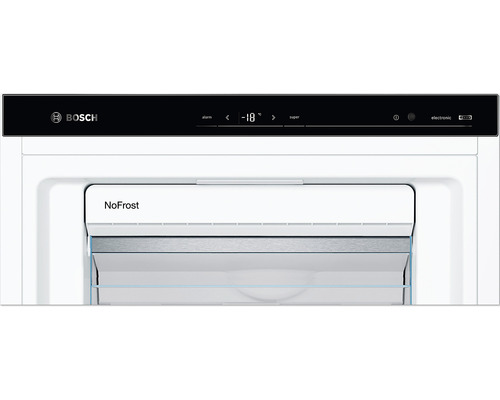 Vue détaillée de l''intérieur d''un congélateur avec fonction No Frost et commande électronique. Logo Bosch.