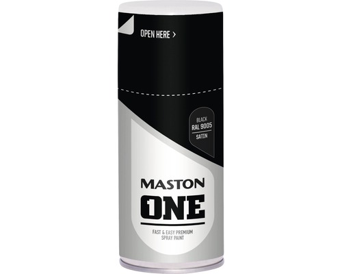 Peinture aérosol Maston ONE Satin Black RAL 9005 150 ml Bombe de peinture Maston avec l''inscription One, couleur noir RAL 9005, satinée