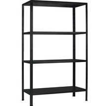 Étagère métallique noire avec quatre tablettes pour le stockage et l''organisation.