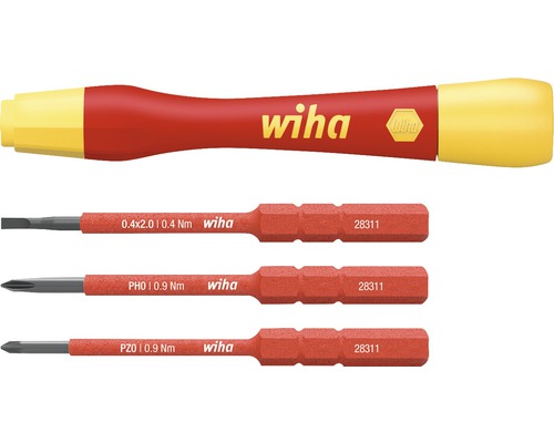 Kit de tournevis fins Wiha PicoFinish jusqu'à 1000 V CA 4 pces avec 3 embouts Wiha Set de porte-embouts dynamométriques fins avec trois embouts