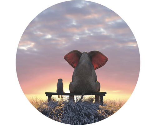 Papier peint panoramique intissé HRBC000014 Éléphant et chien 1 Ø 95 cm Illustration d''un éléphant et d''une marmotte assis sur un banc regardant le coucher du soleil
