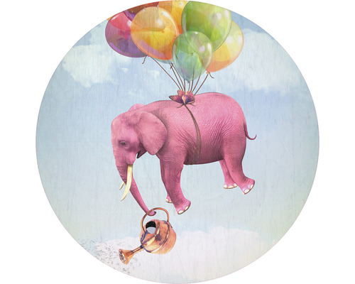Papier peint panoramique intissé HRBC000013 Éléphant avec ballon Ø 95 cm Illustration d''un éléphant rose volant avec des ballons et tenant un arrosoir