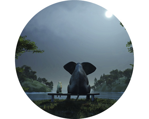 Papier peint panoramique intissé HRBC000015 Éléphant et chien 2 Ø 95 cm Illustration d''un éléphant et d''un chien assis sur un banc et regardant un lac