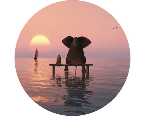 Papier peint panoramique intissé HRBC000018 Éléphant et chien 4 Ø 95 cm Illustration d''un éléphant et d''un chien assis sur un quai face à la mer