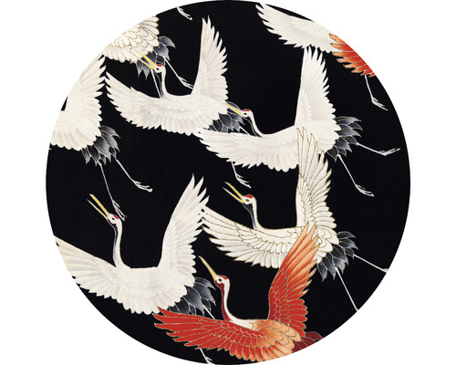 Papier peint panoramique intissé HRBC000038 Japon vol de grues Ø 95 cm Motif circulaire avec des grues sur fond sombre